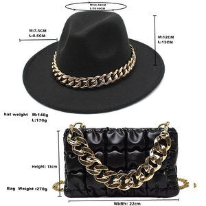 Detailed size chart for two-tone wool jazz fedora hat and quilted chain handbag