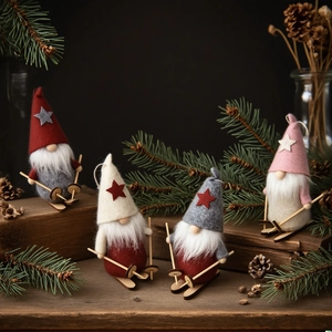 Christmas faceless gnome ski hanging ornaments in red, pink, white, and grey felt fabric