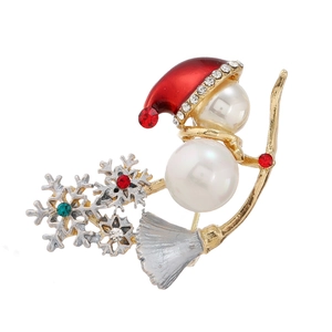 Christmas snowman brooch with red hat and snowflakes featuring pearls and rhinestones