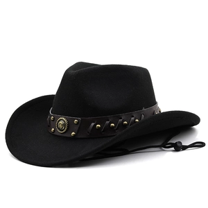 Classic black western cowboy hat with brown leather band and vintage metal badges