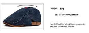 Detailed size chart for denim newsboy cap with adjustable metal buckle for 55-59cm head size