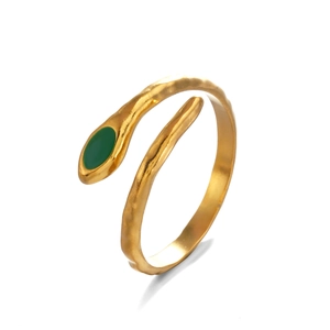 Anello vintage a serpente dorato con gemma verde e design a fascia aperta testurizzata