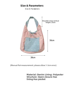 Detailed size and material specs for pink and blue plaid denim bow tote bag
