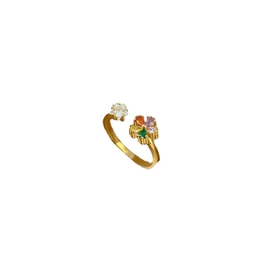 Gold open ring with colorful zircon flower and star accents on white background