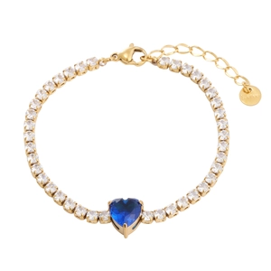 Close-up of gold stainless steel tennis bracelet with blue heart zircon and lobster clasp