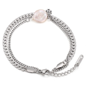 Double-layered silver stainless steel bracelet with baroque pearl and small cross charm