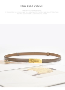 Detail view of brown genuine leather belt with gold rectangular buckle on white background
