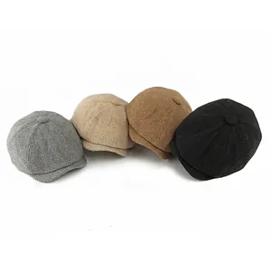 Winter knitted wool blend octagonal newsboy caps in gray beige caramel and black