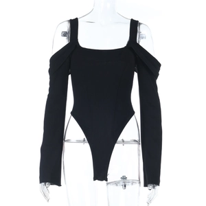 Detail showing the off-shoulder cut and square neckline of this black long sleeve bodysuit