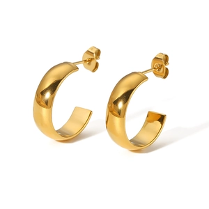 Polished 18K gold-plated stainless steel chunky C-shaped hoop earrings for women