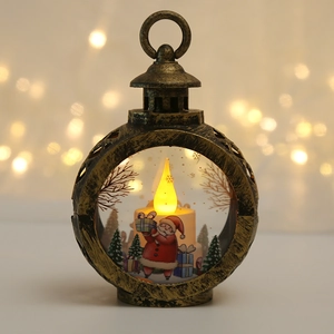 Retro bronze LED Christmas lantern featuring Santa Claus and a warm glowing candle flame