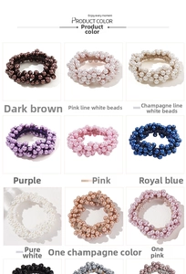 Detailed grid of faux pearl hair ties in nine colors including pink, blue, and champagne
