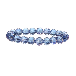 Blue faceted 10mm natural crystal beaded stretch bracelet on a clean white background