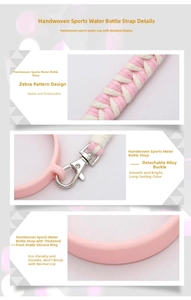 Detail of pink zebra hand-woven strap with alloy buckle and thick silicone ring
