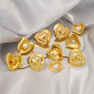 Heart Stud Earrings 304 Stainless Steel Gold Plated With Artificial Pearl Zircon Rhinestone Vintage French Geometric Jewelry For Women