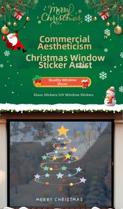 Detail of Christmas tree static glass decal with colorful stars for festive shop window decor