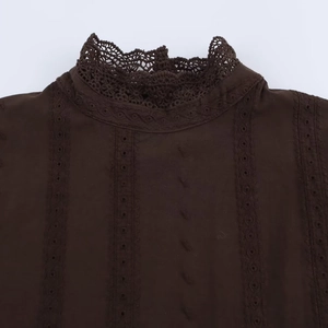 Casual round neck women's top in dark brown with intricate lace embroidery detailing