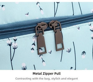 Détails des doubles fermetures éclair métalliques sur un sac à dos floral