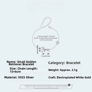 Detailed S925 sterling silver puppy bracelet specifications with golden retriever pendant