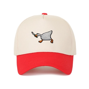 Two-tone baseball cap with goose holding a knife embroidery in cream and red