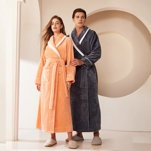Unisex Flannel Bathrobe Long Nightrobe Thickened Shawl Collar Contrast Trim Waffle Texture Winter Sleepwear Loungewear For Couples