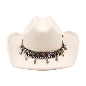 Close-up of ethnic woven band with silver heart charms on white felt cowboy hat