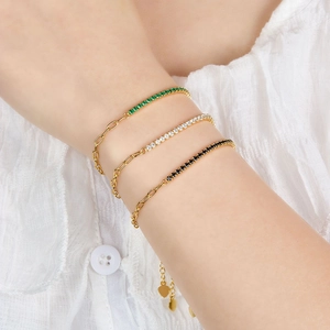 Three-piece gold S925 silver bracelet set with emerald, white, and black cubic zirconia