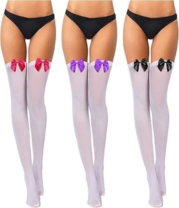 Detail of white thigh high stockings featuring large satin bows in pink, purple and black