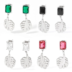 Leaf monstera earrings with rectangle zircon stones in four vibrant colors