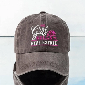 Grey washed baseball cap with THIS Girl SELLS REAL ESTATE embroidery and house icon