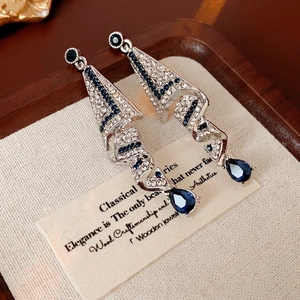 Elegant Spiral Ribbon Dangle Earrings With Blue Water Drop Stone Alloy Rhinestone And Silver Earring Post Luxury Jewelry