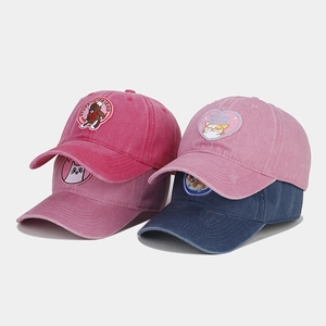 Collection of washed cotton baseball caps with cute cat and bear embroidery in four colors