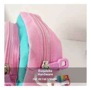 Detail of pink and teal unicorn bag showing multi-layer zippers and fine stitching