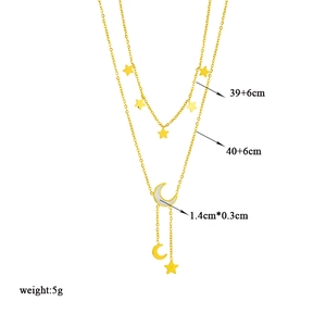 Double-layered gold stainless steel necklace with white shell moon and star pendants