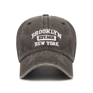 Vintage washed charcoal baseball cap with Brooklyn embroidery and curved brim for unisex wear