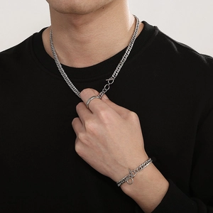Silver stainless steel Cuban chain necklace, bracelet and ring set for men