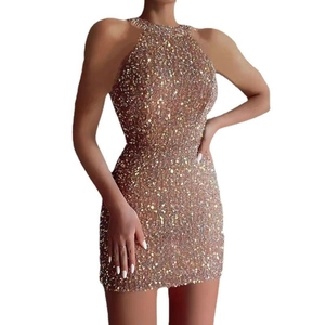Champagne gold sequin halter neck cocktail dress with shimmering fringe details