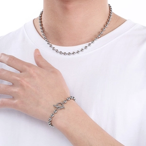 Ensemble collier et bracelet à billes en acier inoxydable avec fermoir OT en forme de cœur