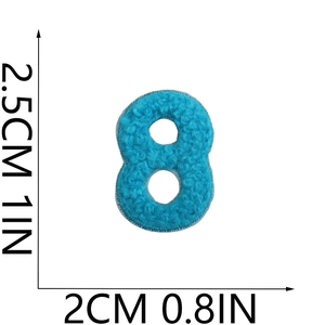 Blue chenille number 8 patch showing height 2.5cm and width 2cm for DIY clothes