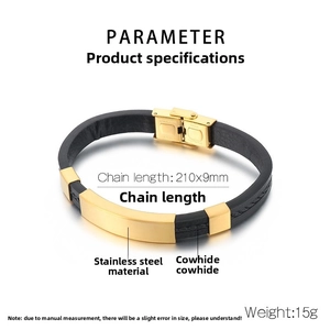 Close-up of black braided leather bracelet with golden stainless steel metal plate detail