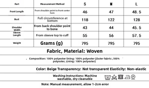 Tableau des tailles et détails du tissu pour la veste beige en fausse fourrure