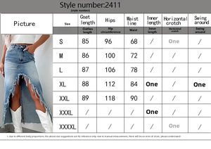 Tableau des tailles détaillé pour jupe en jean avec mesures de longueur et de taille
