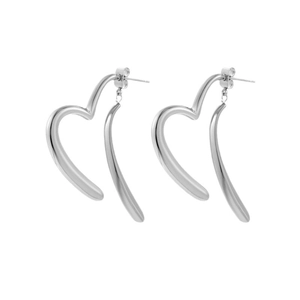 Silver hollow heart-shaped stud earrings in polished stainless steel on white background