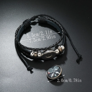 Bracelet en cuir tressé noir avec bouton pression de tennis et détails des dimensions précises
