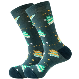 Detailed knit texture of dark green crew socks featuring yellow cake patterns
