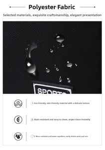 Gros plan sur le tissu en polyester imperméable avec gouttes d'eau et logo Sports