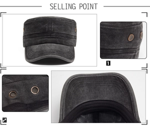 Detail of vintage washed cotton cadet cap featuring metal eyelets and reinforced stitching