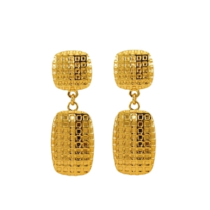 Vintage gold checkered square dangle earrings in polished stainless steel for women