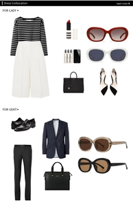 Flat lay of modern vintage oval sunglasses shown as part of stylish outfits for men and women