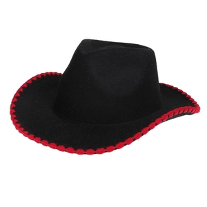 Classic black felt cowboy hat with red wavy edge trim and curved brim for men and women